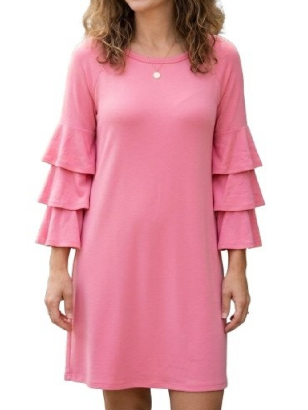 Bailey 44 Pink Knit Shift Dress 3/4 Ruffle Sleeves Stretch Made in USA